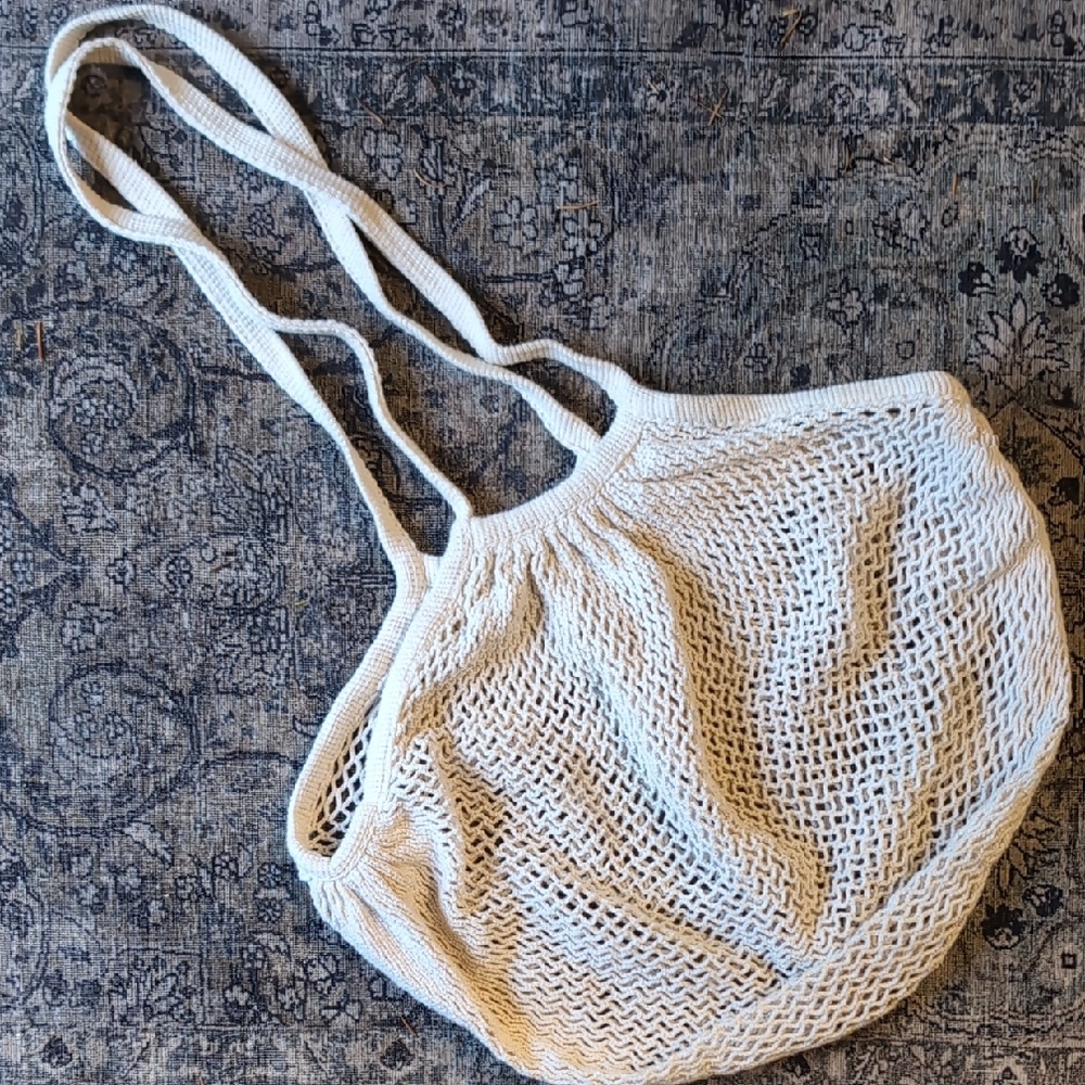 Extra Long Strap Vintage Cream Mesh Produce Tote Bag